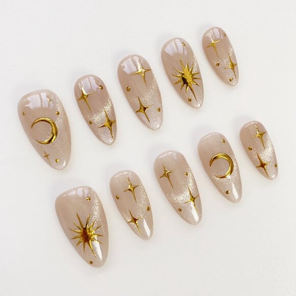 Aura press on nails long almond nails/Moon&Sun StarNails/Cat eye nails - Picture 3 of 5